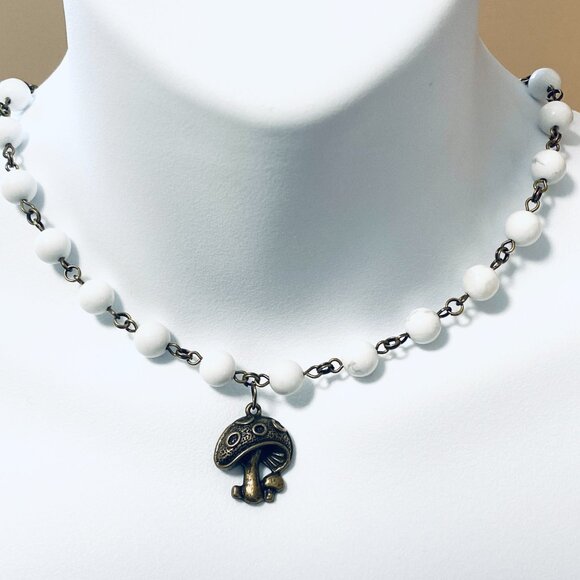 Natural White Magnesite Choker, Cute Bronze Round Mushroom + Genuine Gemstone - Picture 2 of 14